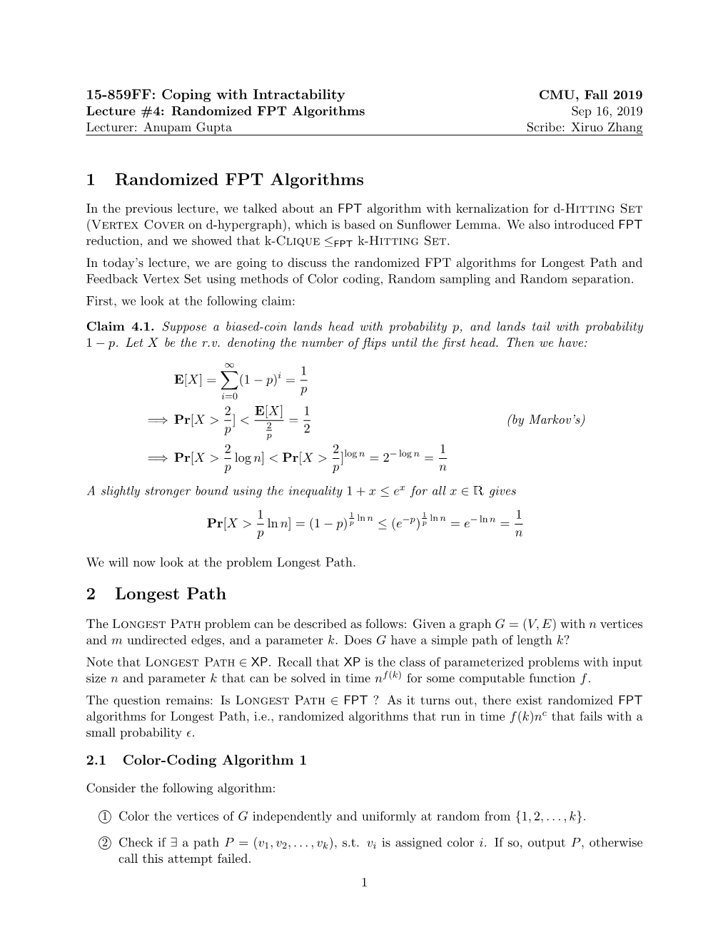 1 Randomized FPT Algorithms 2 Longest Path