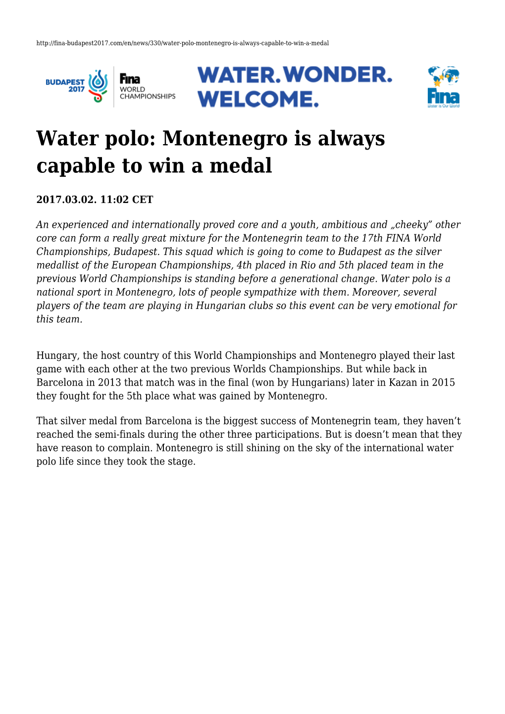 Water Polo: Montenegro Is Always Capable to Win a Medal