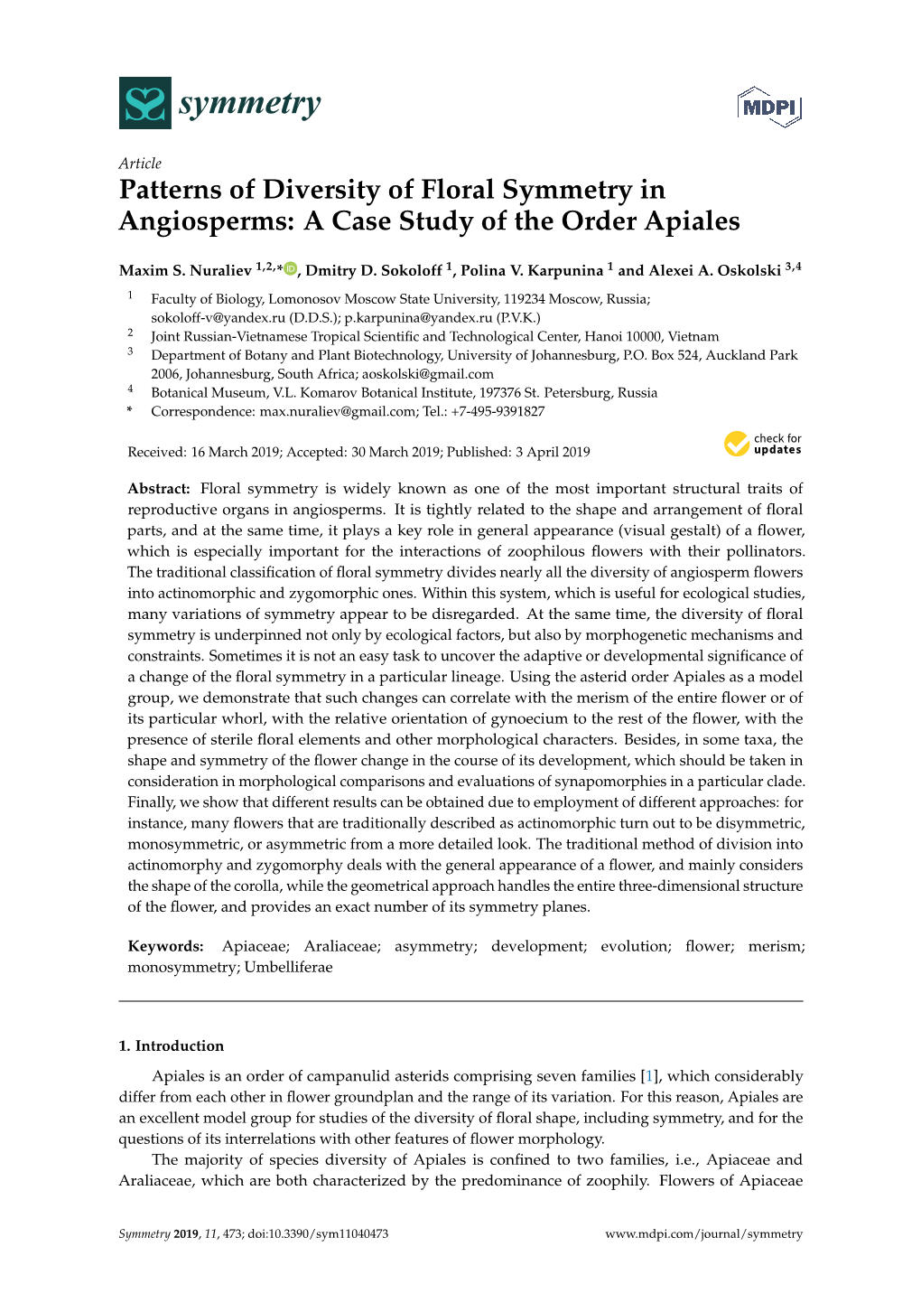 Patterns of Diversity of Floral Symmetry in Angiosperms: a Case Study of the Order Apiales