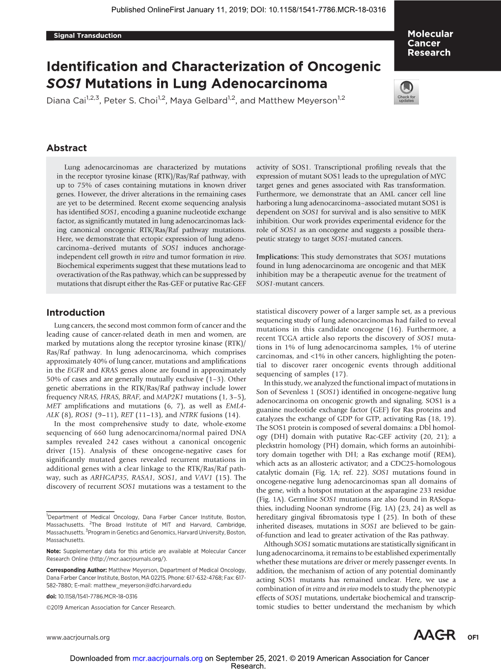 Identification and Characterization of Oncogenic SOS1 Mutations in Lung Adenocarcinoma