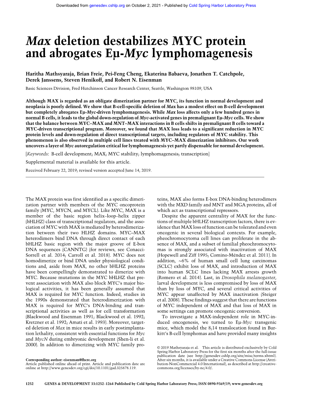 Max Deletion Destabilizes MYC Protein and Abrogates Eµ-Myc Lymphomagenesis