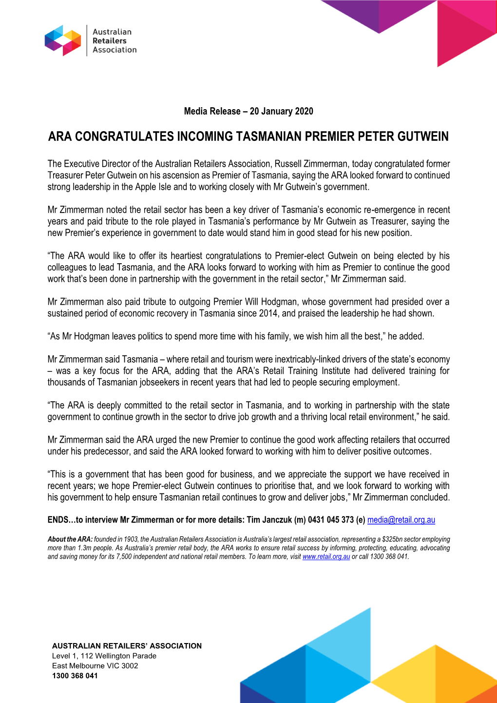Ara Congratulates Incoming Tasmanian Premier Peter Gutwein