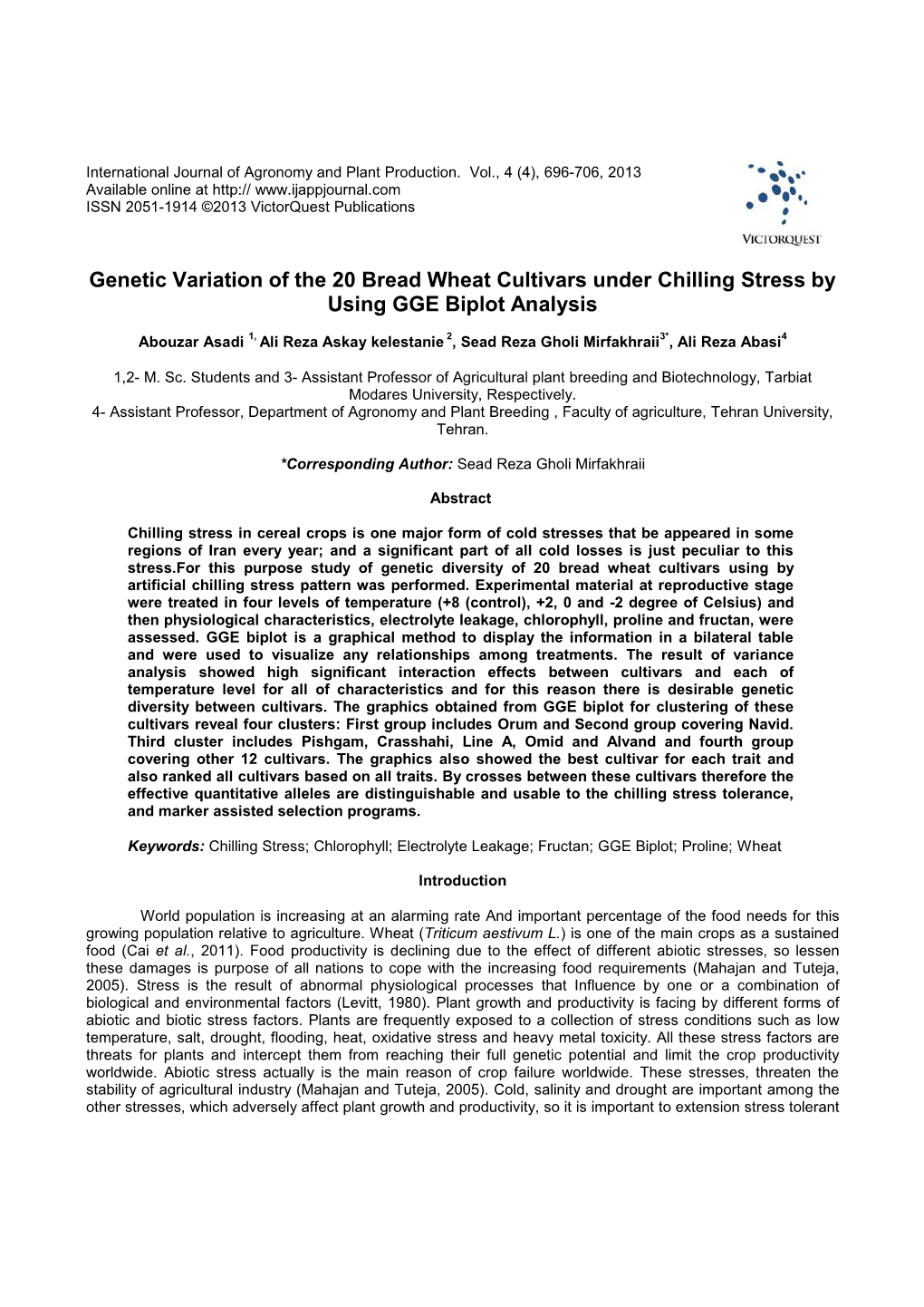 Genetic Variation of the 20 Bread Wheat Cultivars Under Chilling Stress by Using GGE Biplot Analysis