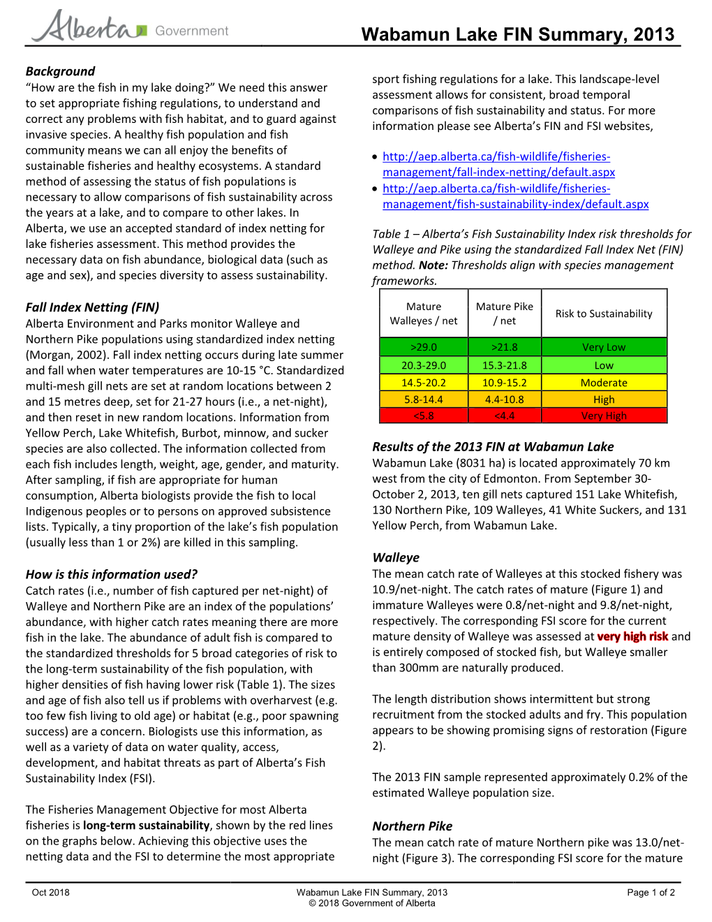 Wabamun Lake FIN Summary 2013