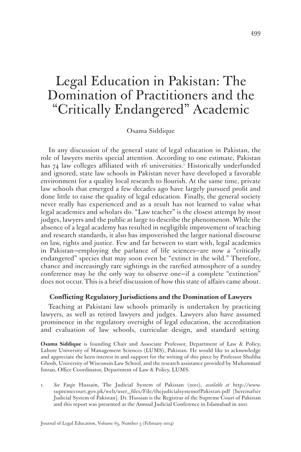 Legal Education in Pakistan: the Domination of Practitioners and the “Critically Endangered” Academic