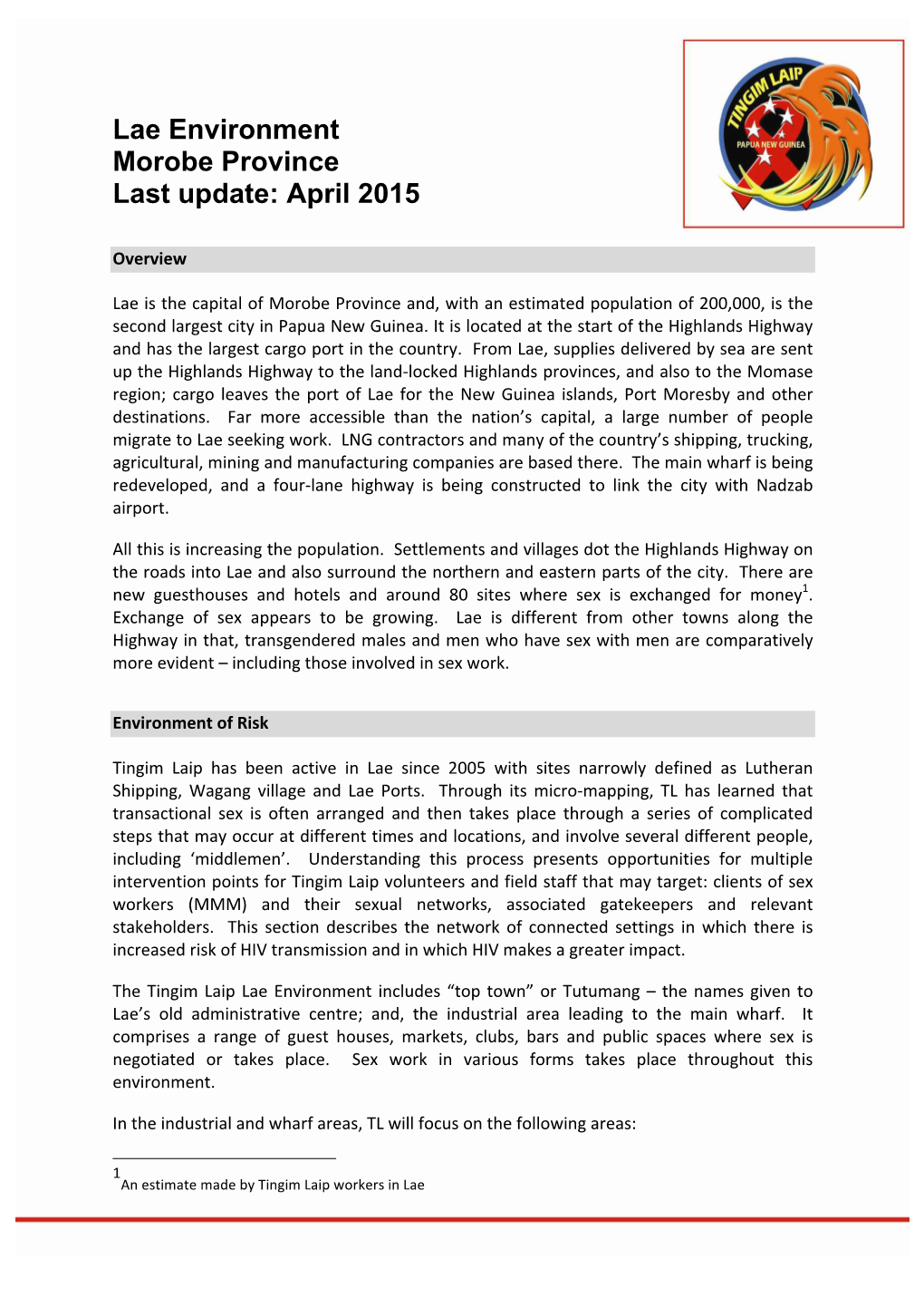 Lae Environment Morobe Province Last Update: April 2015