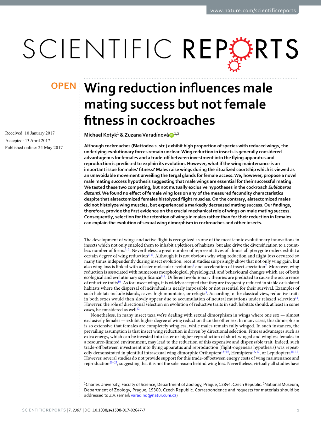 Wing Reduction Influences Male Mating Success but Not Female Fitness in Cockroaches