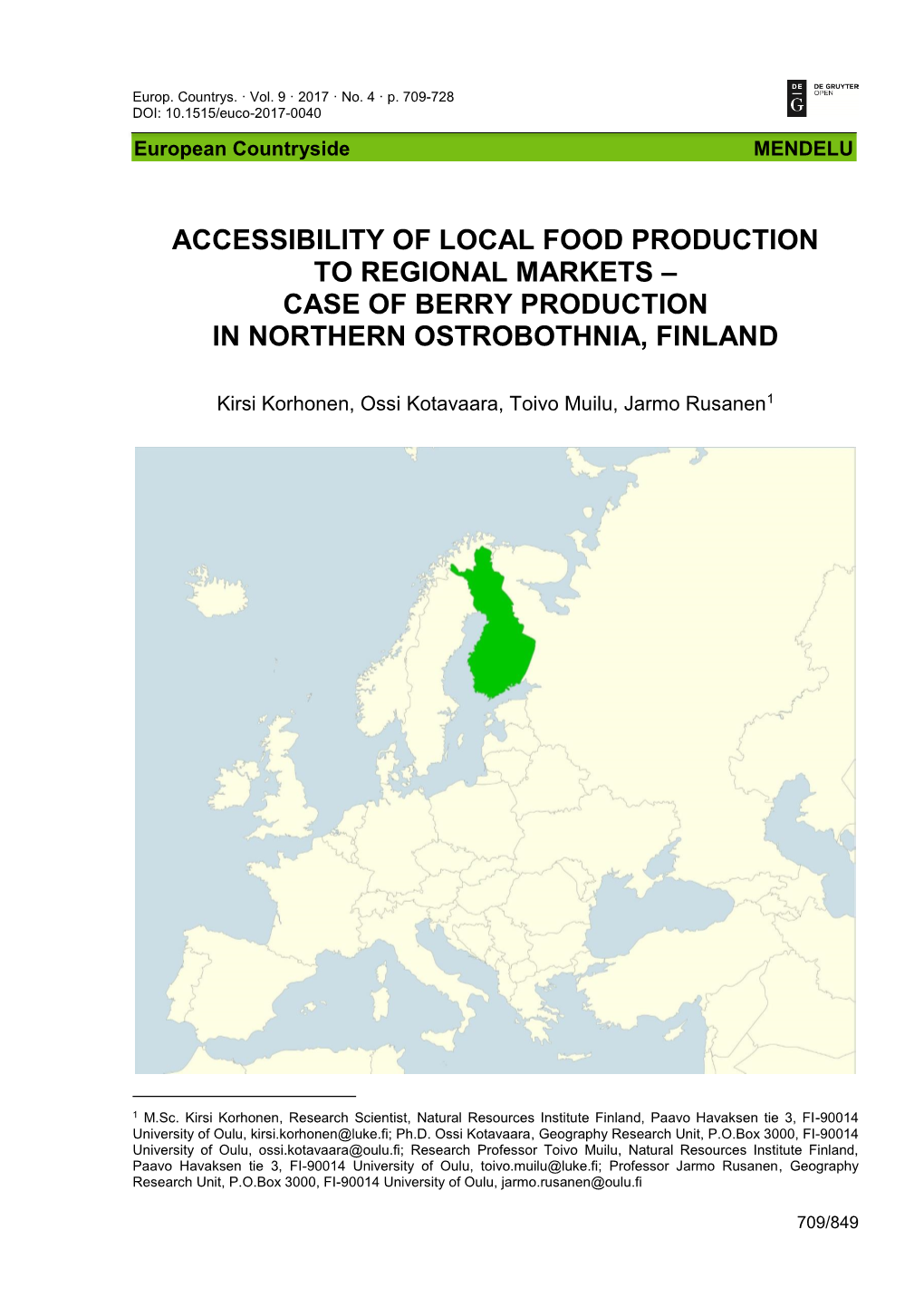 Accessibility of Local Food Production to Regional Markets – Case of Berry Production in Northern Ostrobothnia, Finland