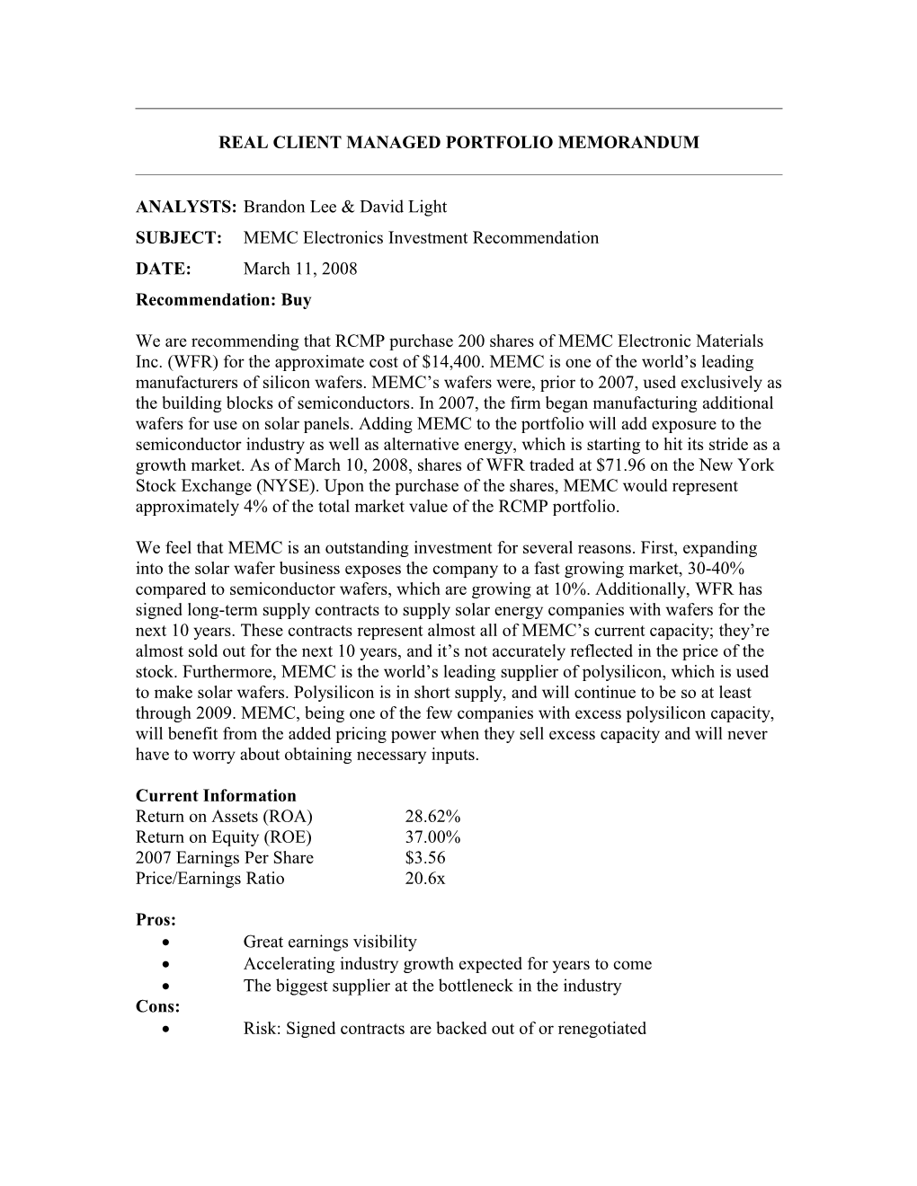 Real Client Managed Portfolio Memorandum s2