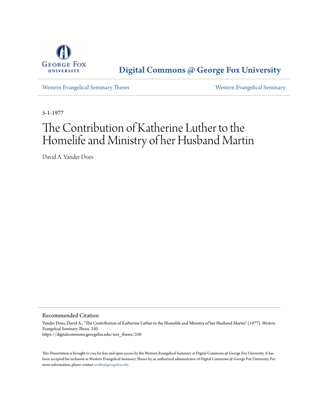 The Contribution of Katherine Luther to the Homelife and Ministry of Her