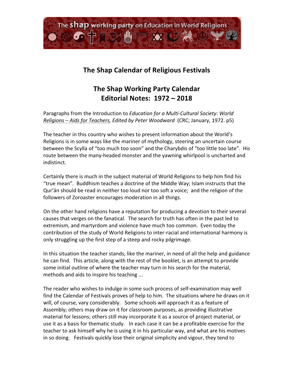 The Shap Calendar of Religious Festivals the Shap Working Party Calendar Editorial Notes: 1972 – 2018