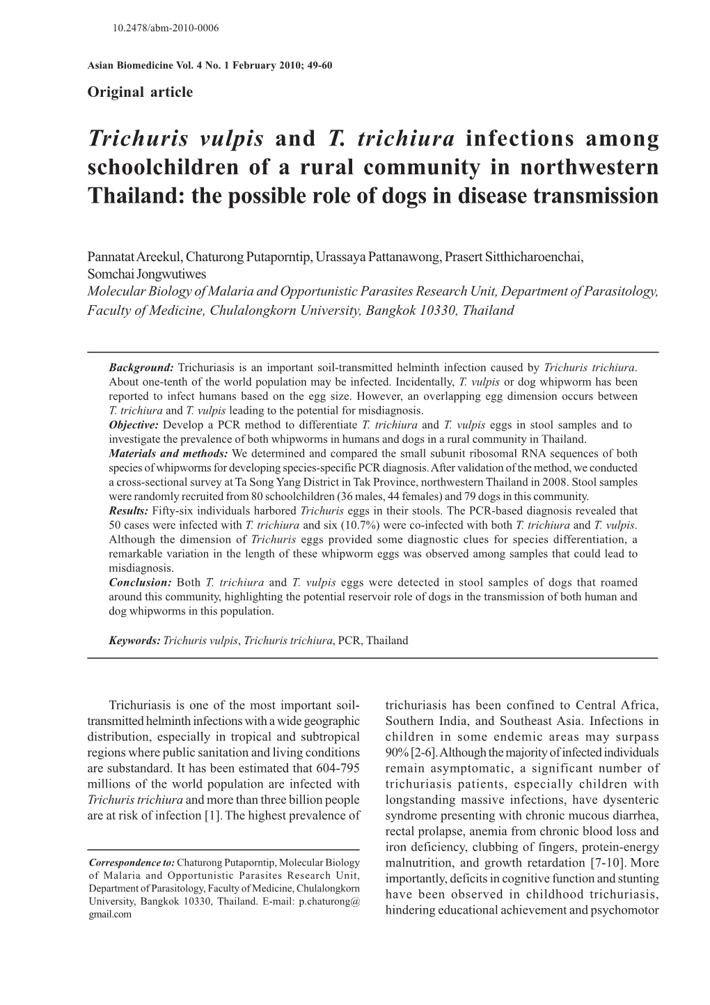 Trichuris Vulpis and T. Trichiura Infections Among Schoolchildren of a Rural Community in Northwestern Thailand: the Possible Role of Dogs in Disease Transmission