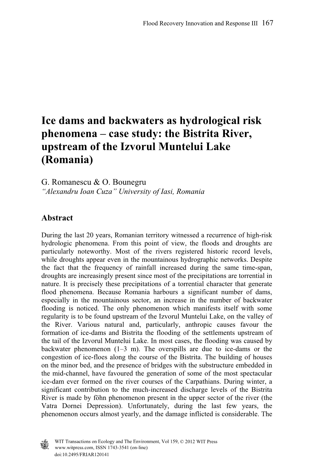 Ice Dams and Backwaters As Hydrological Risk Phenomena – Case Study: the Bistrita River, Upstream of the Izvorul Muntelui Lake (Romania)