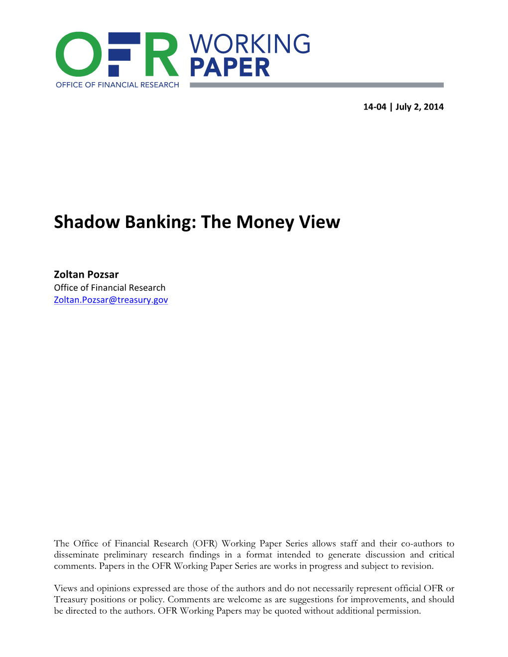 Shadow Banking: the Money View by Pozsar