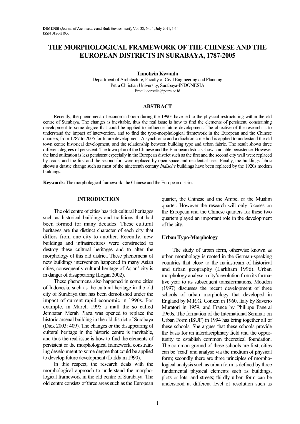 The Morphological Framework of the Chinese and the European Districts in Surabaya, 1787-2005