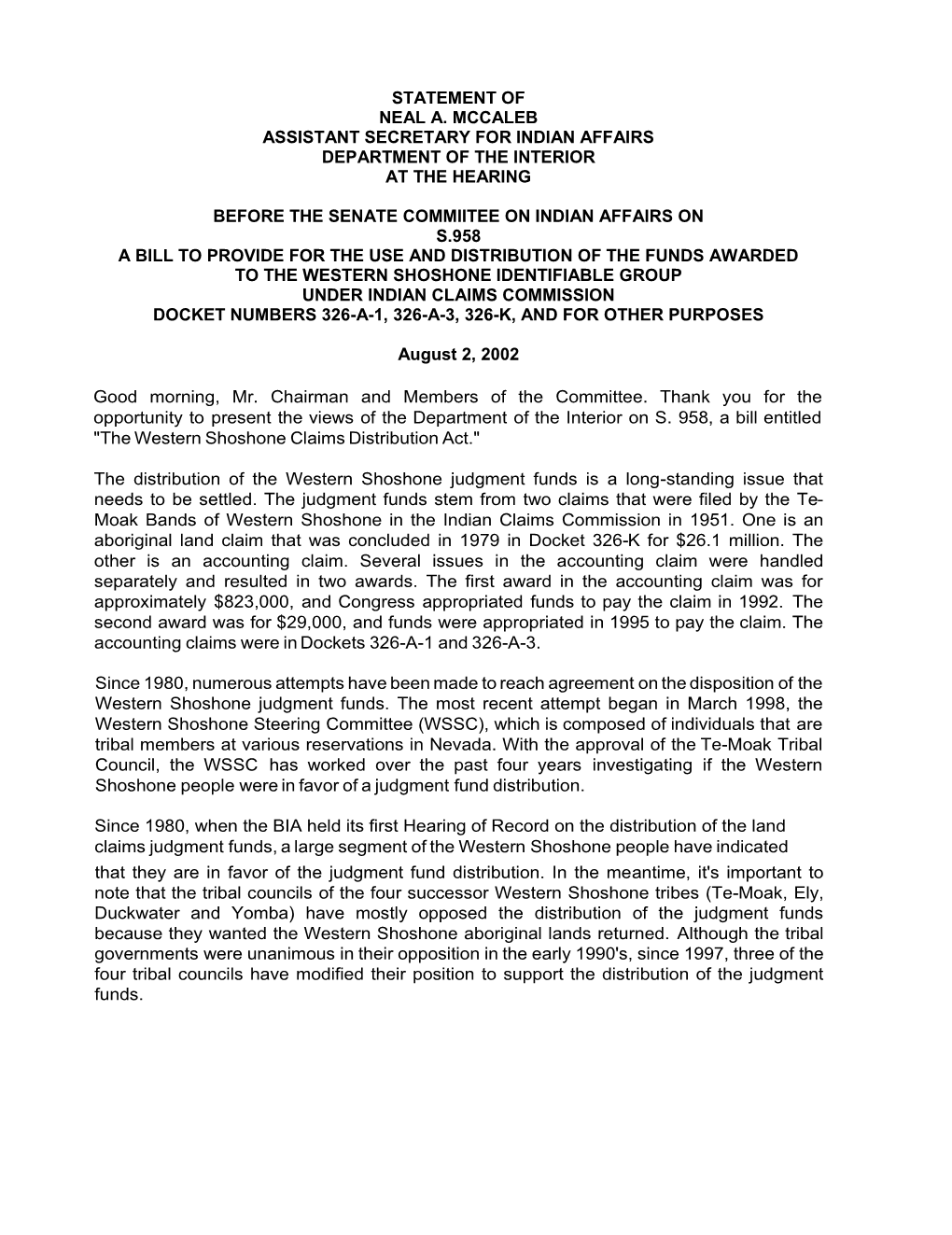 S. 958 the Western Shoshone Claims Distribution