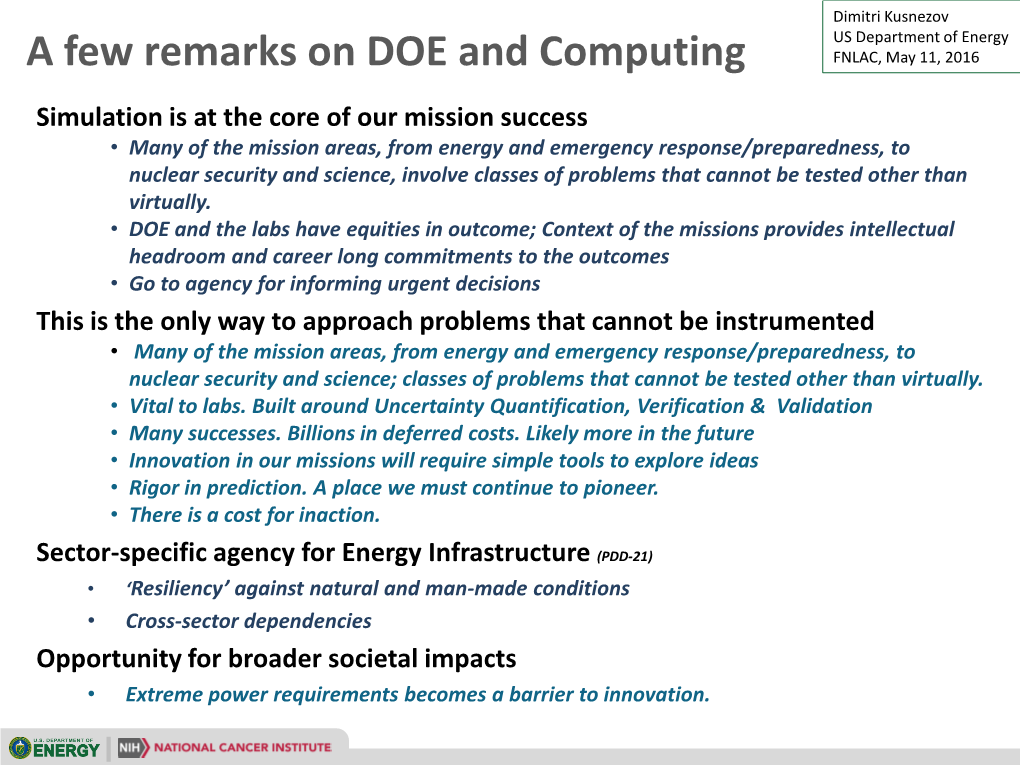 A Few Remarks on DOE and Computing
