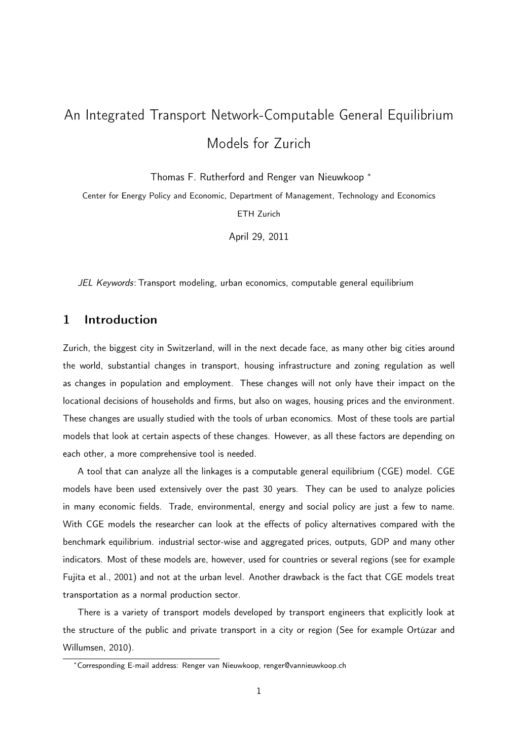 An Integrated Transport Network-Computable General Equilibrium Models for Zurich