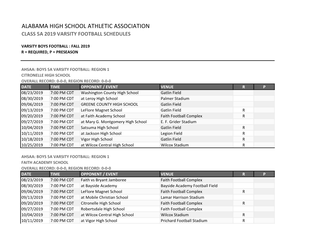 Alabama High School Athletic Association Class 5A 2019 Varsity Football Schedules