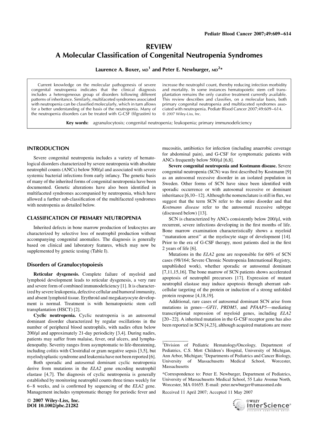 REVIEW a Molecular Classification of Congenital Neutropenia Syndromes