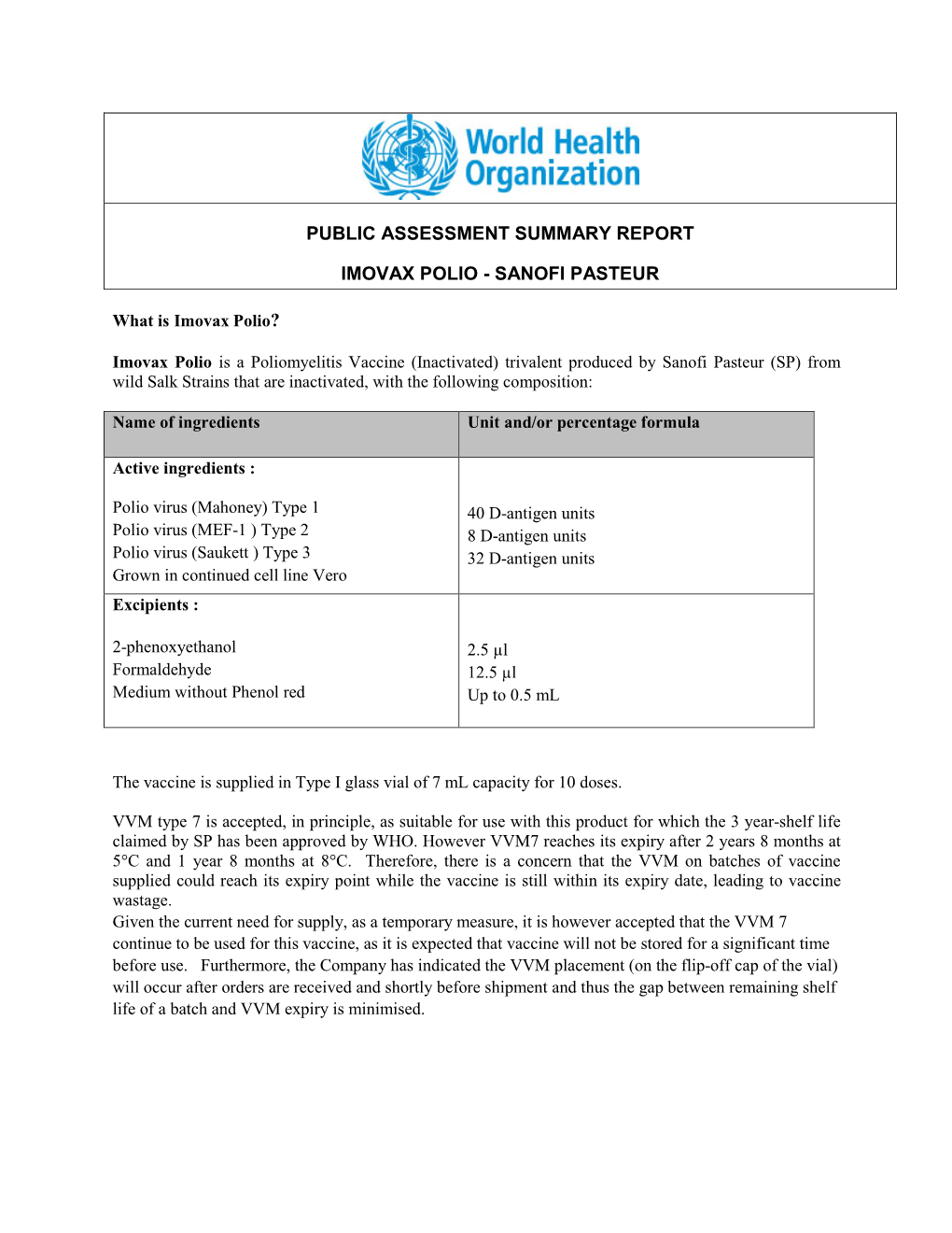 Public Assessment Summary Report Imovax Polio