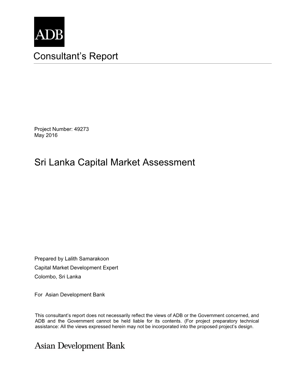 Consultant's Report Sri Lanka Capital Market Assessment