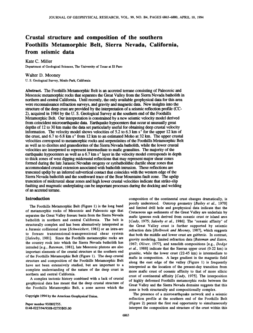 Crustal Structure and Composition of the Southern Foothills Metamorphic Belt, Sierra Nevada, California, from Seismic Data