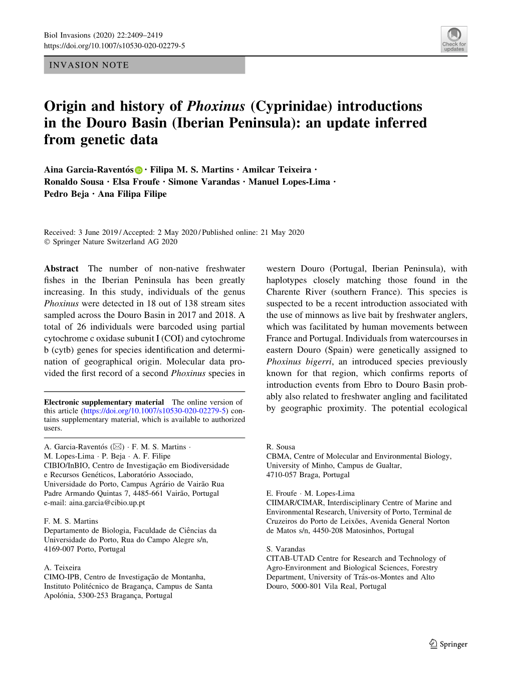 Origin and History of Phoxinus (Cyprinidae) Introductions in the Douro Basin (Iberian Peninsula): an Update Inferred from Genetic Data