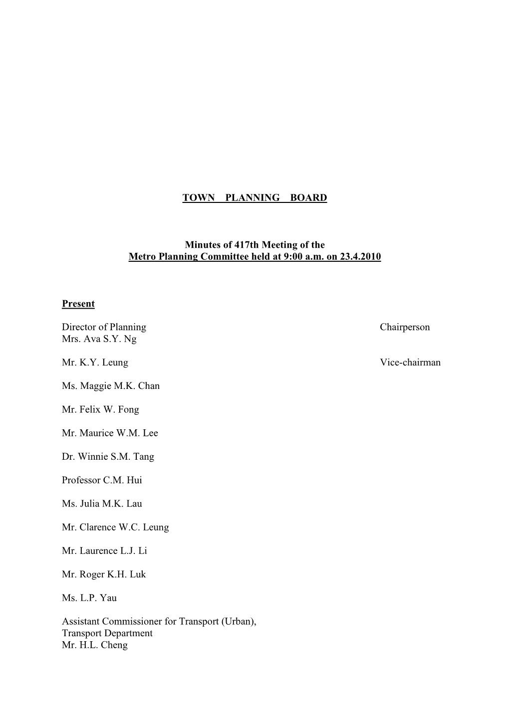 TOWN PLANNING BOARD Minutes of 417Th Meeting of the Metro Planning Committee Held at 9:00 A.M. on 23.4.2010 Present Director O