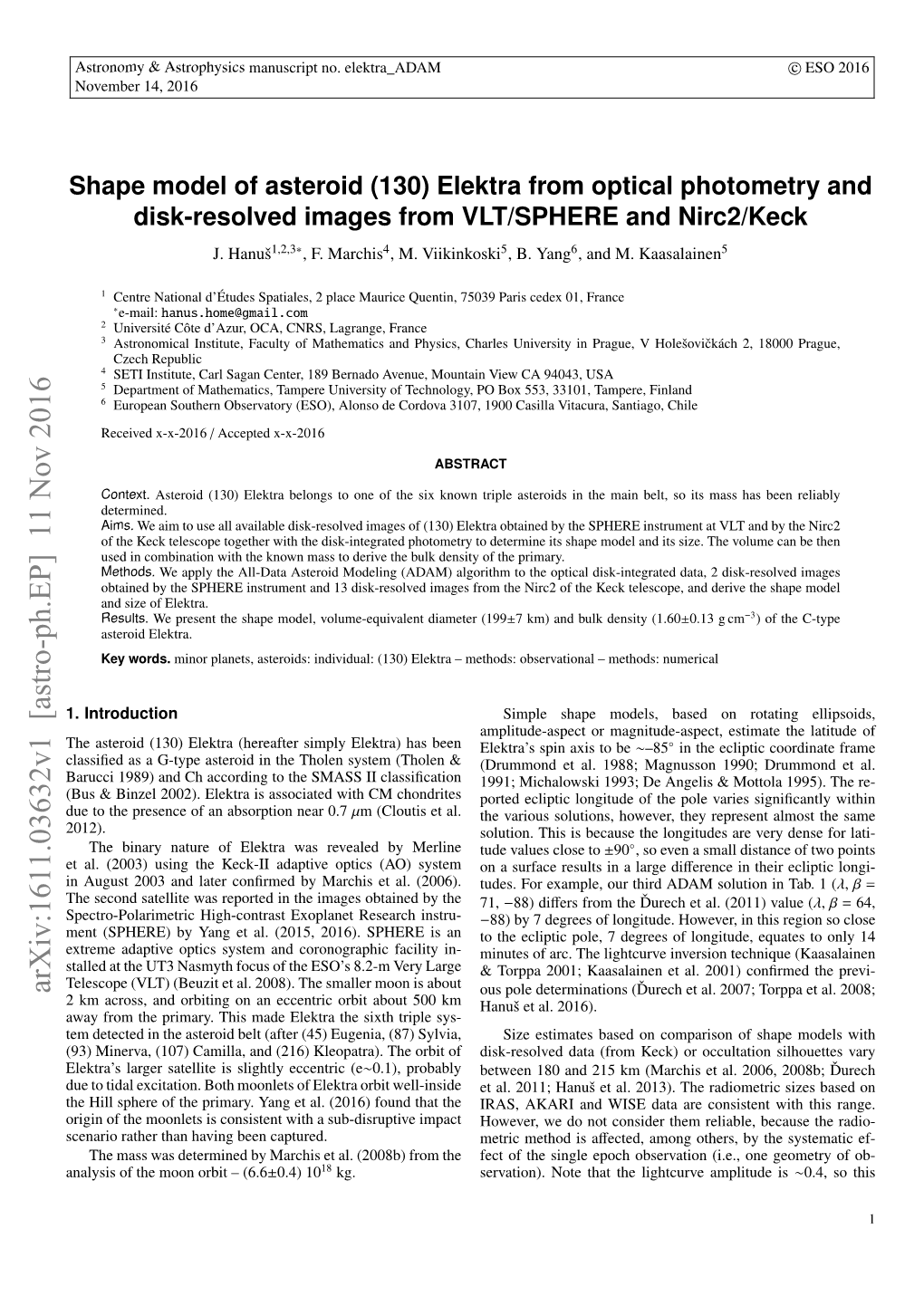 Shape Model of Asteroid (130) Elektra from Optical Photometry and Disk-Resolved Images from VLT/SPHERE and Nirc2/Keck J