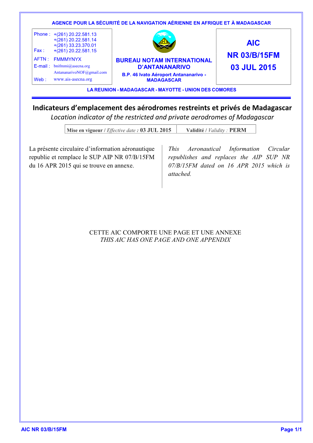 AIC NR 03/B/15FM 03 JUL 2015 Indicateurs D'emplacement Des Aérodromes Restreints Et Privés De Madagascar