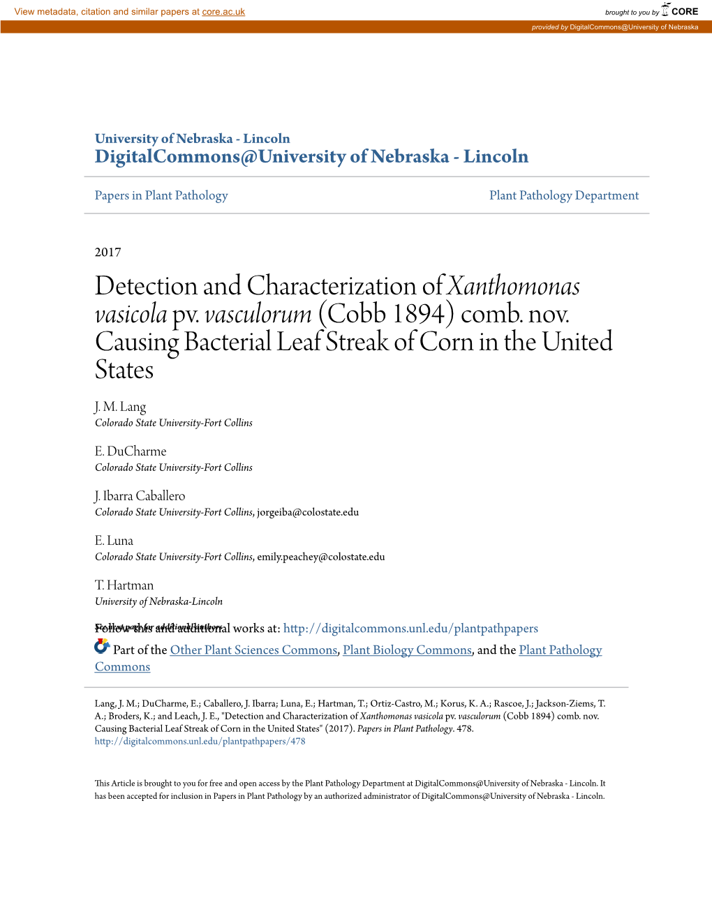 Detection and Characterization of Xanthomonas Vasicola Pv