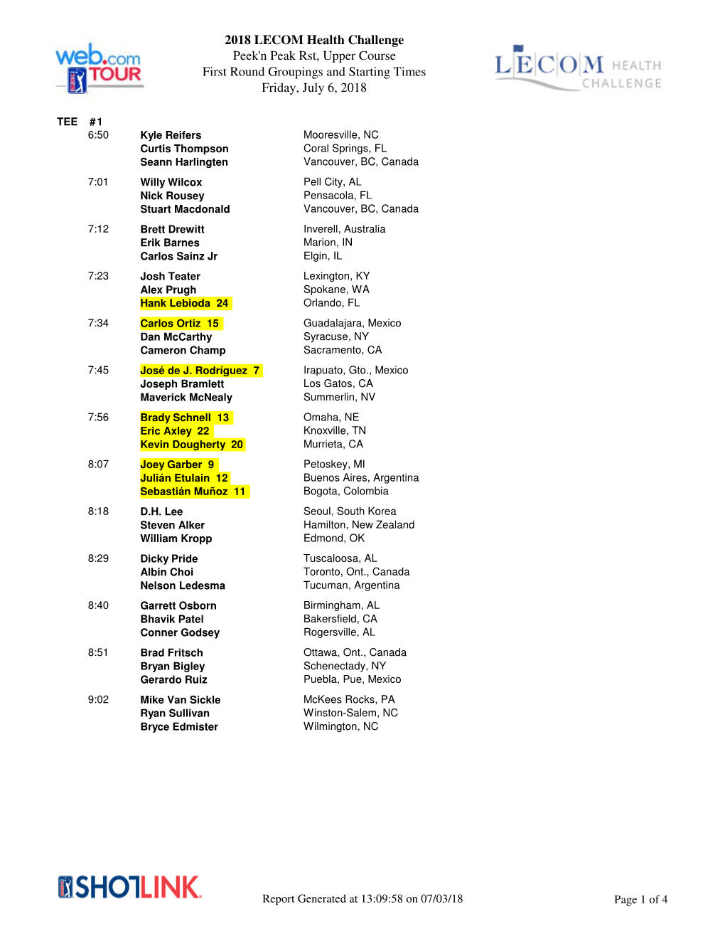 2018 LECOM Health Challenge Peek'n Peak Rst, Upper Course First Round Groupings and Starting Times Friday, July 6, 2018