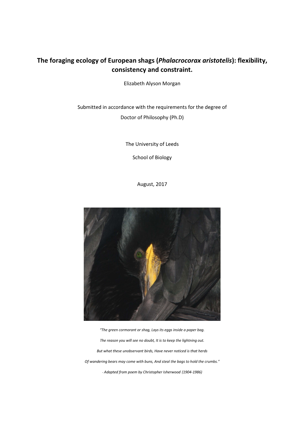 The Foraging Ecology of European Shags (Phalacrocorax Aristotelis): Flexibility, Consistency and Constraint