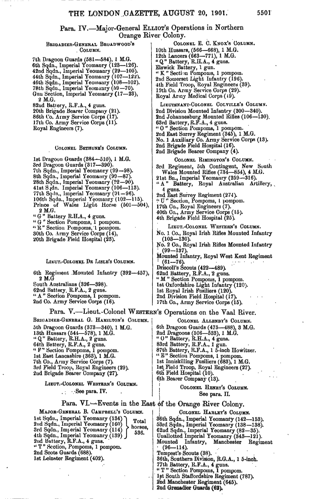 THE LONDON .GAZETTE, AUGUST 20, 1901. 5501 Para. IV.—Major-General ELLIOT's Operations in Northern Orange Eiver Colony. Para