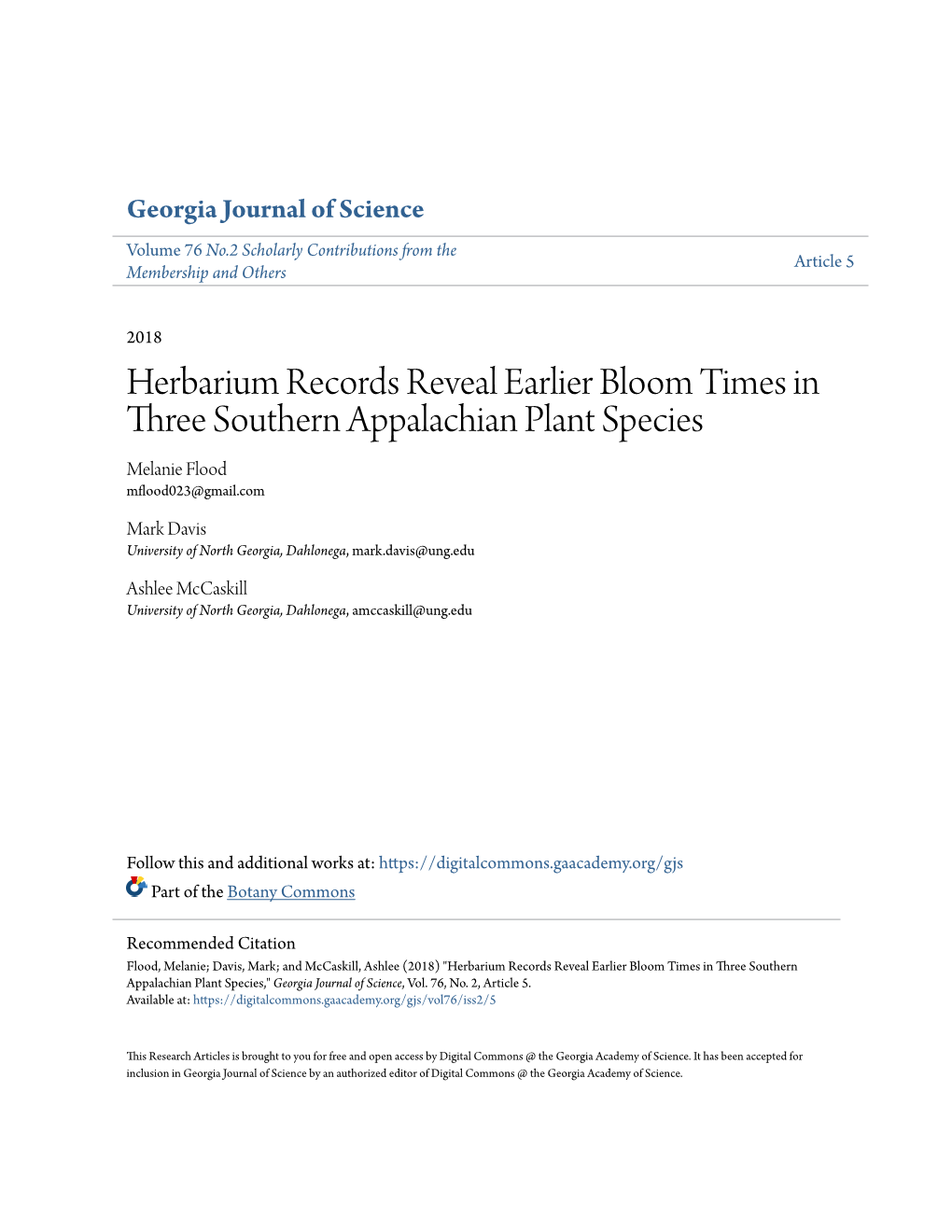 Herbarium Records Reveal Earlier Bloom Times in Three Southern Appalachian Plant Species Melanie Flood Mflood023@Gmail.Com