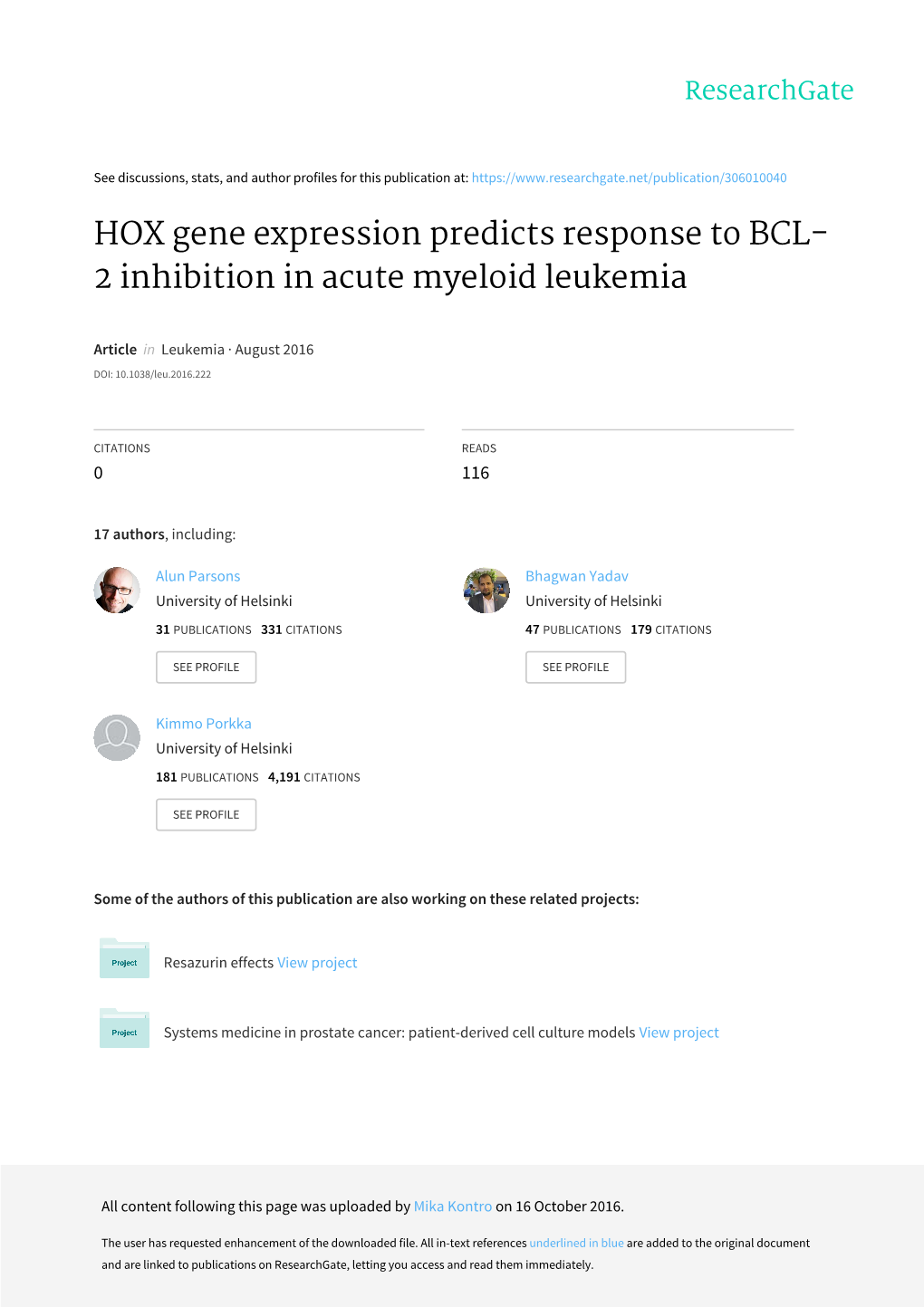 HOX Gene Expression Predicts Response to BCL-2 Inhibition in Acute Myeloid Leukemia