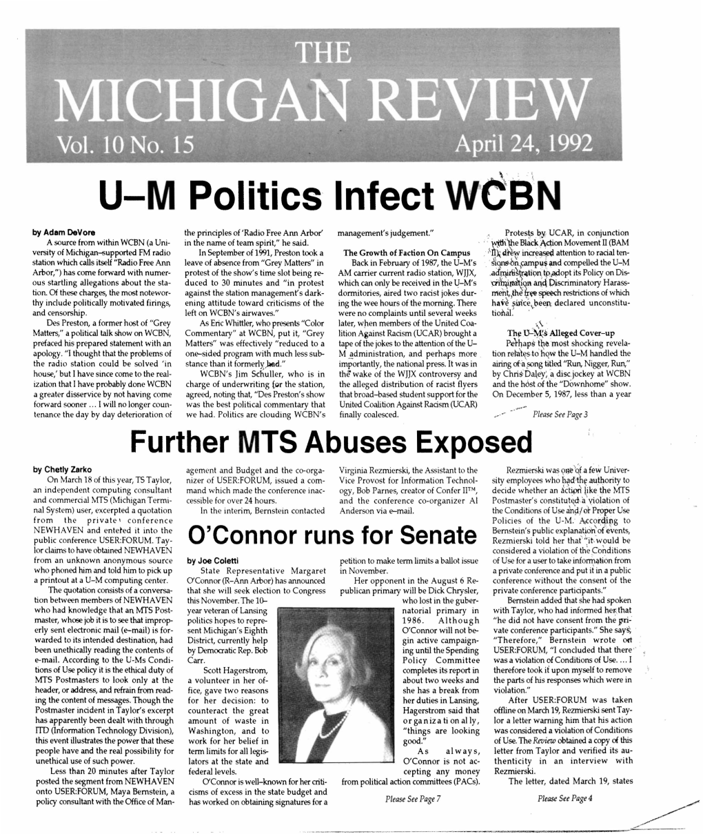 U-M Politics Infect W'cbn by Adam Devore the Prindples of 'Radio Free Ann Arbor' Management's Judgement."