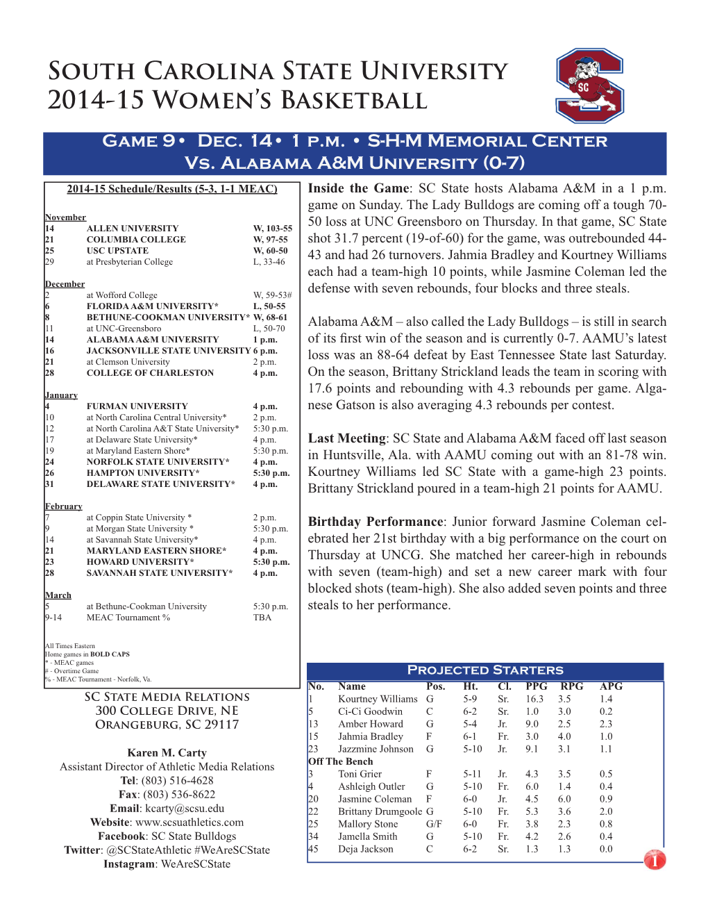 2014-15 SCSU Women's Baskeball Notes.Indd