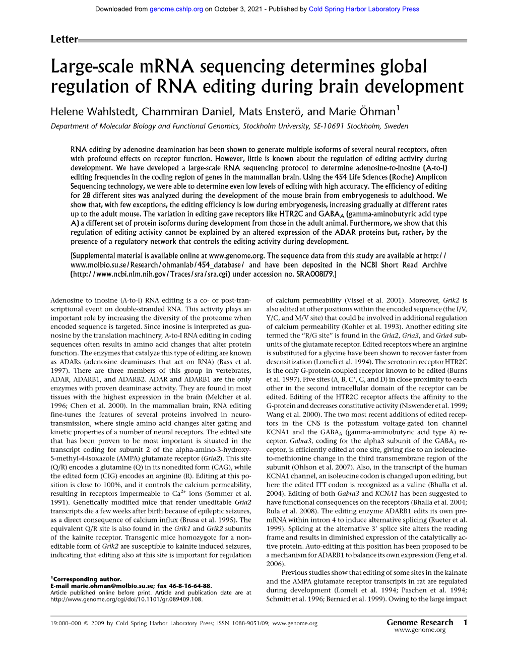 Large-Scale Mrna Sequencing Determines Global Regulation of RNA Editing During Brain Development