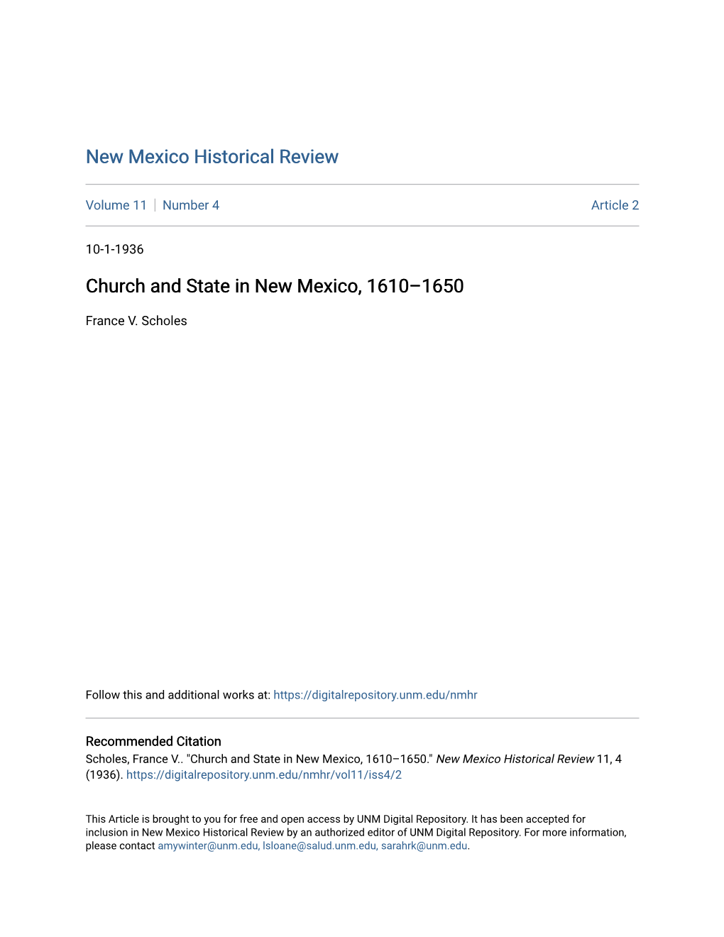 Church and State in New Mexico, 1610–1650