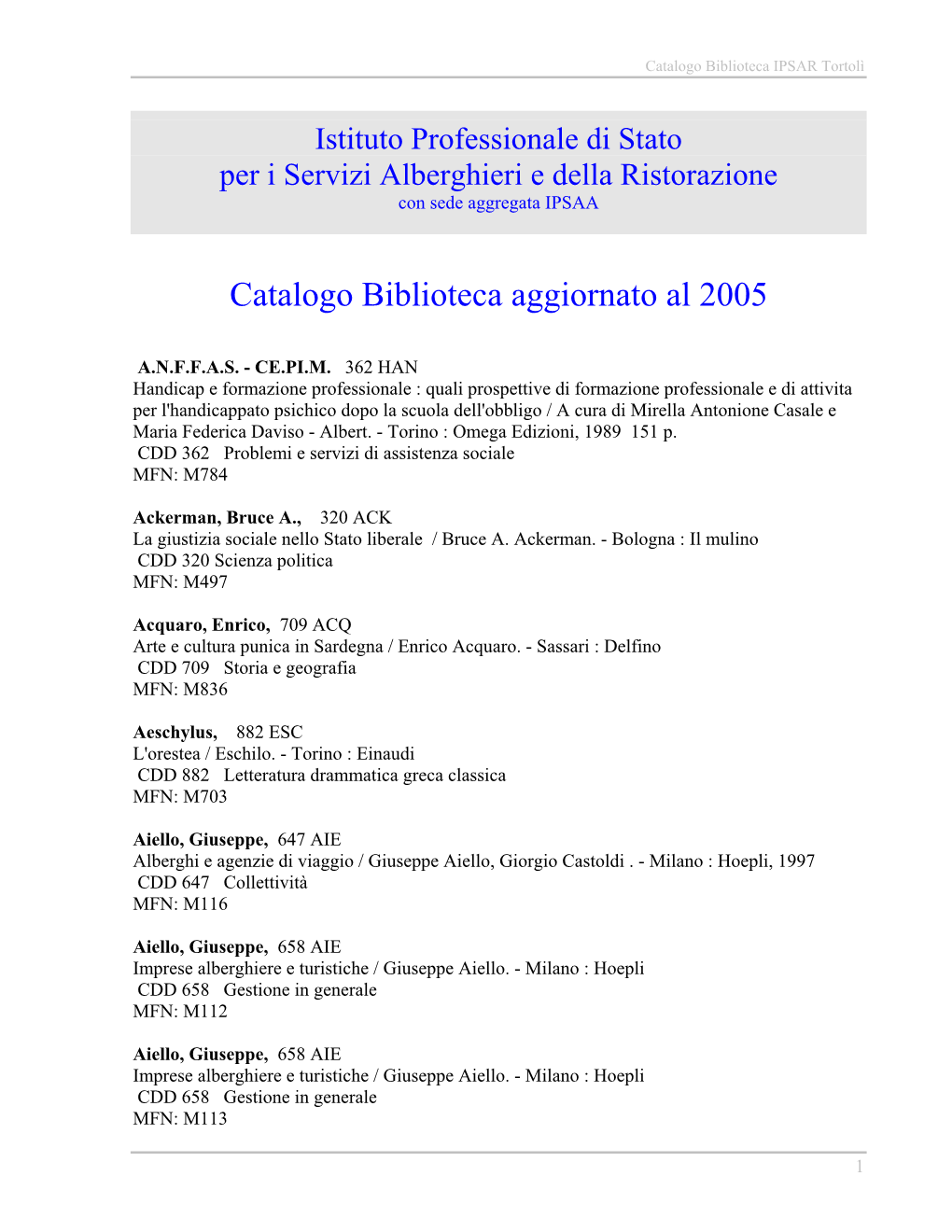 Catalogo Biblioteca IPSAR Aggiornato Al 2005