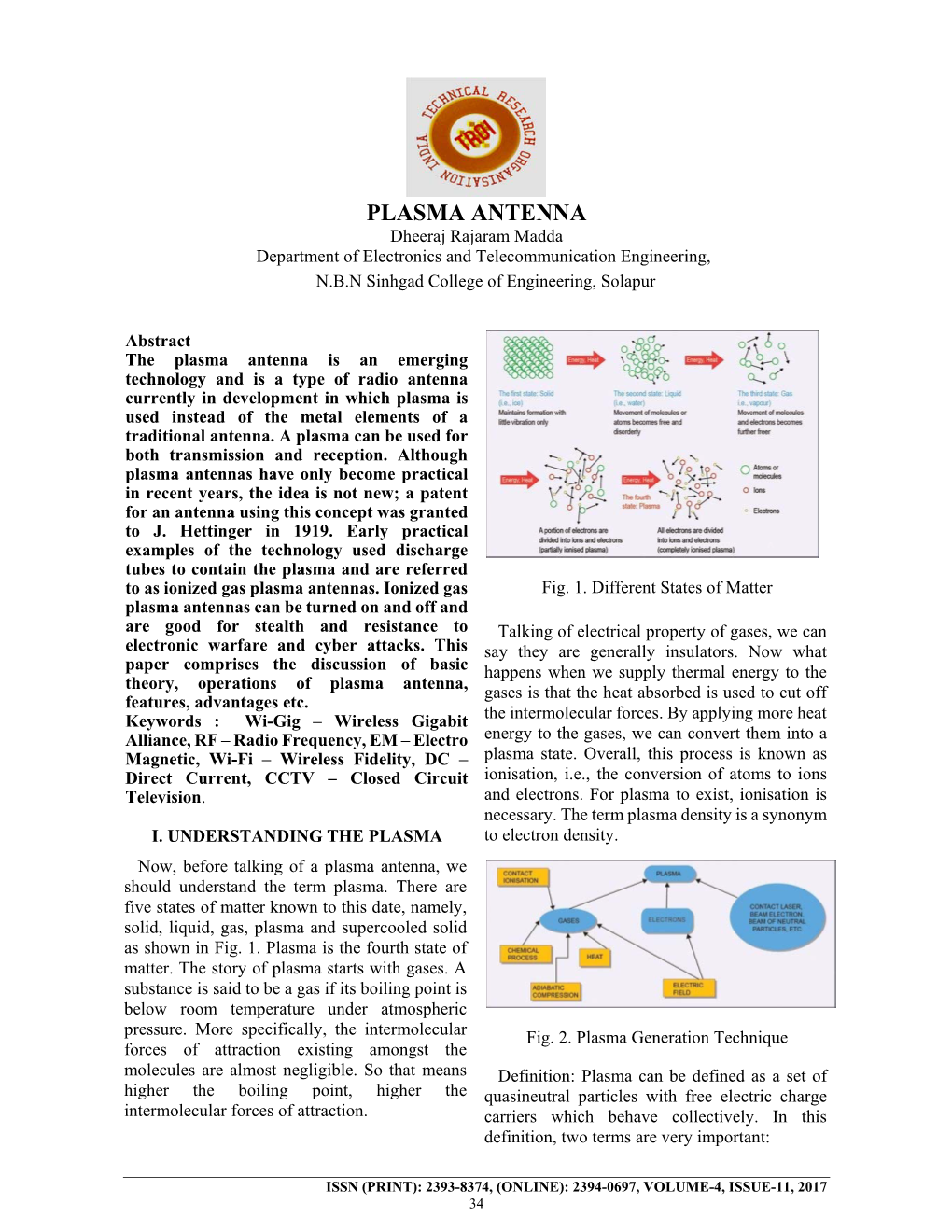 PLASMA ANTENNA Dheeraj Rajaram Madda Department of Electronics and Telecommunication Engineering, N.B.N Sinhgad College of Engineering, Solapur