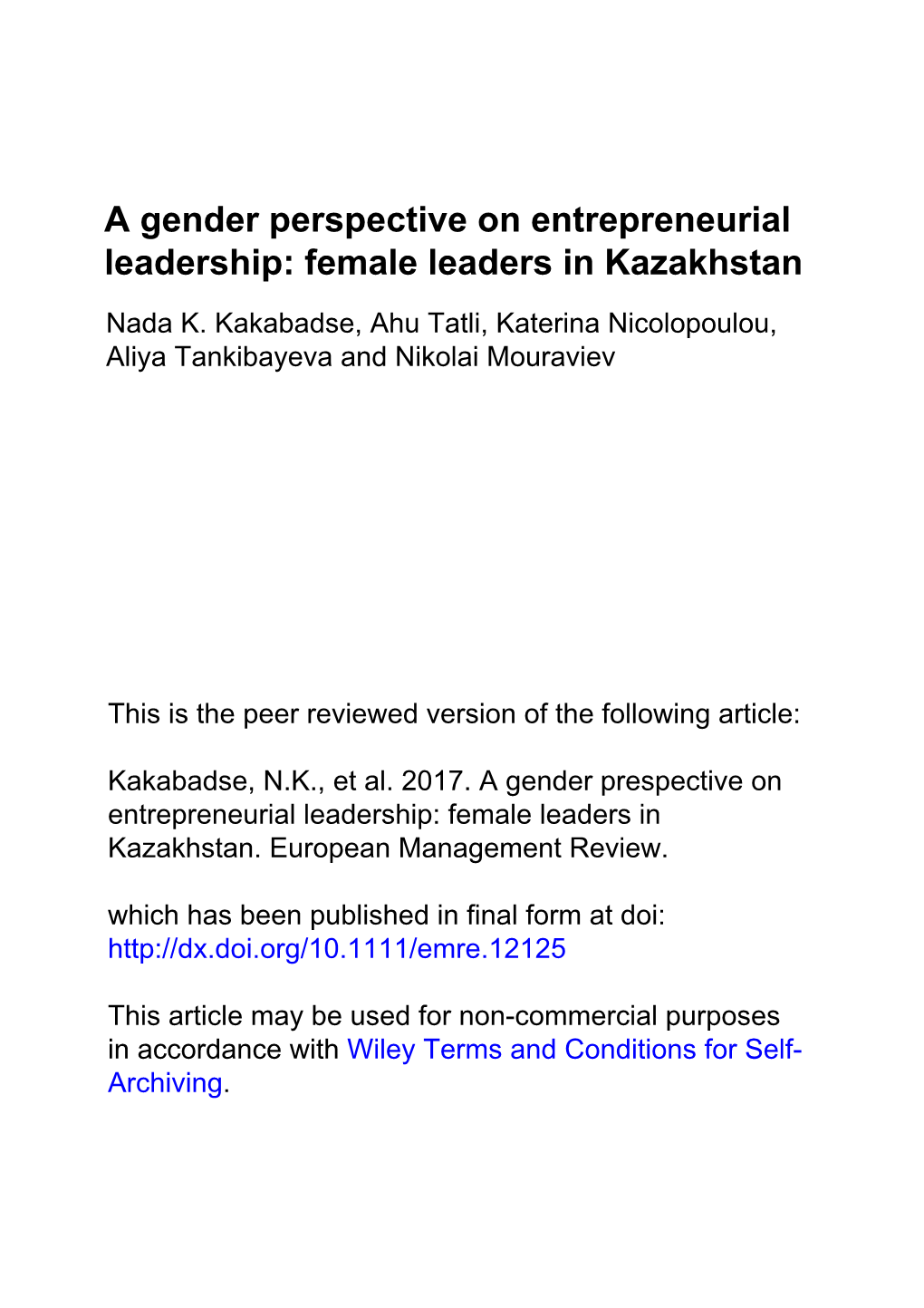 A Gender Perspective on Entrepreneurial Leadership: Female Leaders in Kazakhstan Nada K