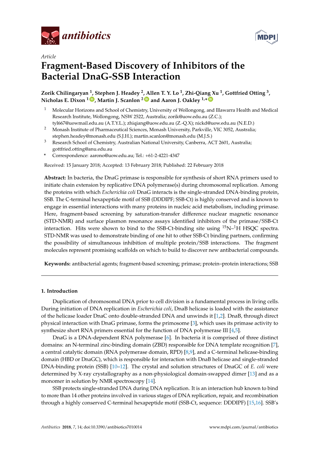 Fragment-Based Discovery of Inhibitors of the Bacterial Dnag-SSB Interaction