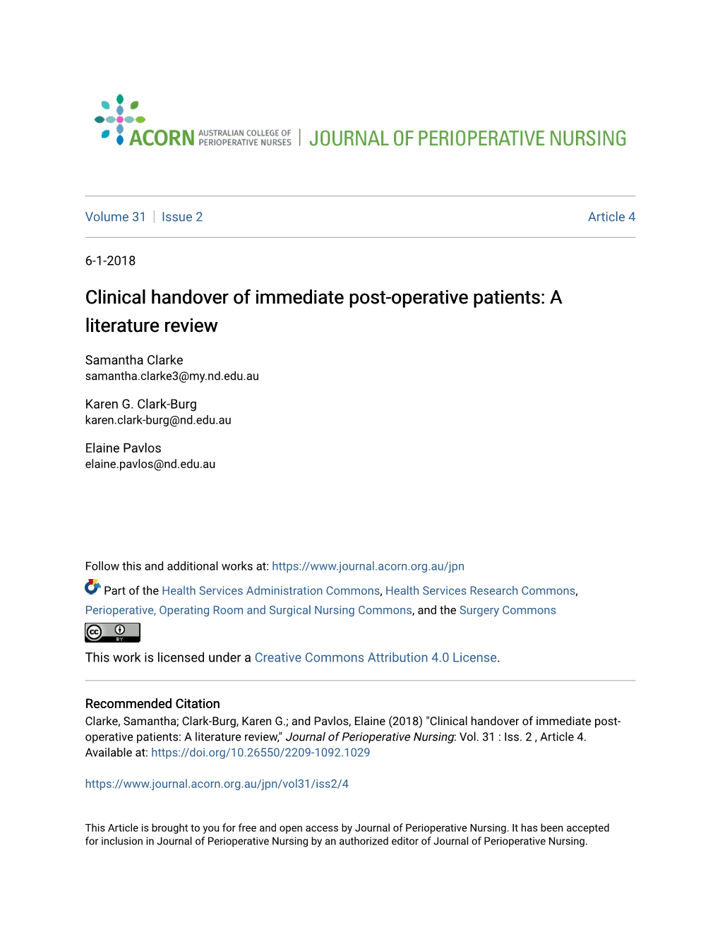 Clinical Handover of Immediate Post-Operative Patients: a Literature Review