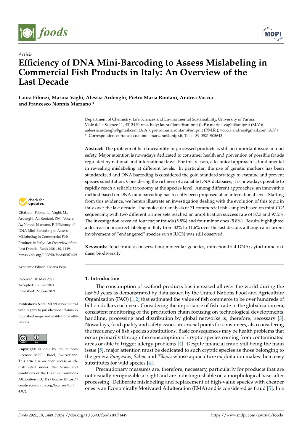 Efficiency of DNA Mini-Barcoding to Assess Mislabeling in Commercial