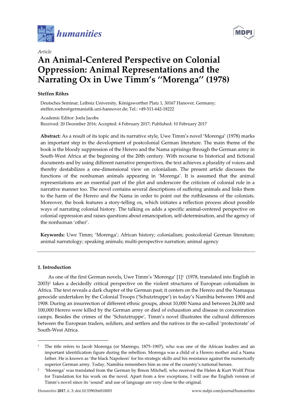 An Animal-Centered Perspective on Colonial Oppression: Animal Representations and the Narrating Ox in Uwe Timm’S ‘‘Morenga’’ (1978)