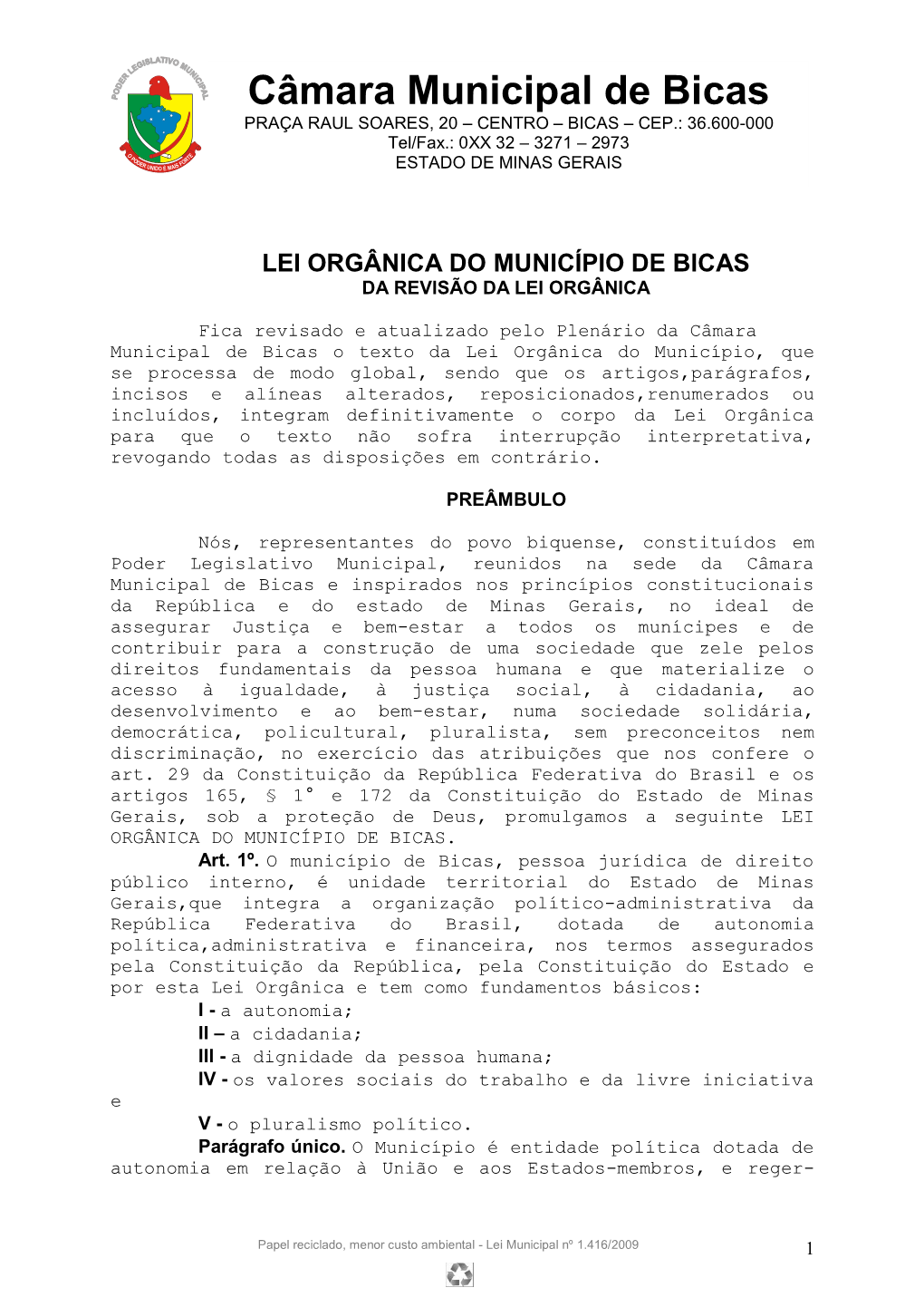 Lei Orgânica Do Município De Bicas Da Revisão Da Lei Orgânica