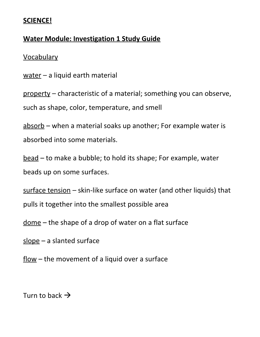 Water Module: Investigation 1 Study Guide